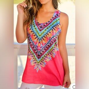 XNYC Womens Knit Tank Top Size S Pink Blue Feather Native Print Pullover boho